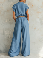 Light Blue Denim Short Sleeve Wide Leg Jumpsuit