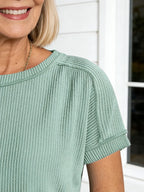 Textured Fabricround Neck Outer Seam Twist Strip Short Sleeve Loose T-shirt Women