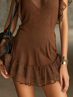 Brown Ruffled Knit Mini Dress With Sheer Polka Dot Trim