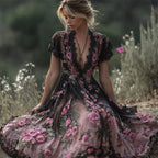 Pink Roses Embroidered Black Lace Gradient Flowy Dress