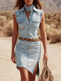 Western Bohemian Retro Light Blue Denim Sleeveless Slit Mini Dress