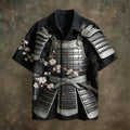 Japanese Samurai Armor Pattern Vintage Men's Linen Short Sleeve Shirt