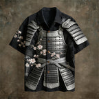 Japanese Samurai Armor Pattern Vintage Men's Linen Short Sleeve Shirt