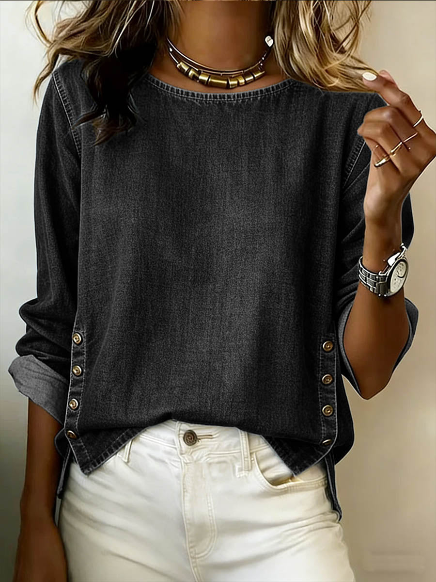 Women's Round Neck Long-sleeved Casual Loose Denim Top