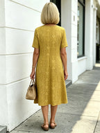 Blue Paisley Print Loose Midi Dress, Round Neck Short Sleeve Tummy Concealing Slimming Temperament Dress for Mature Women