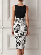 Black Surplice V-Neck Top & Floral Print Pencil Skirt Two-Piece Set