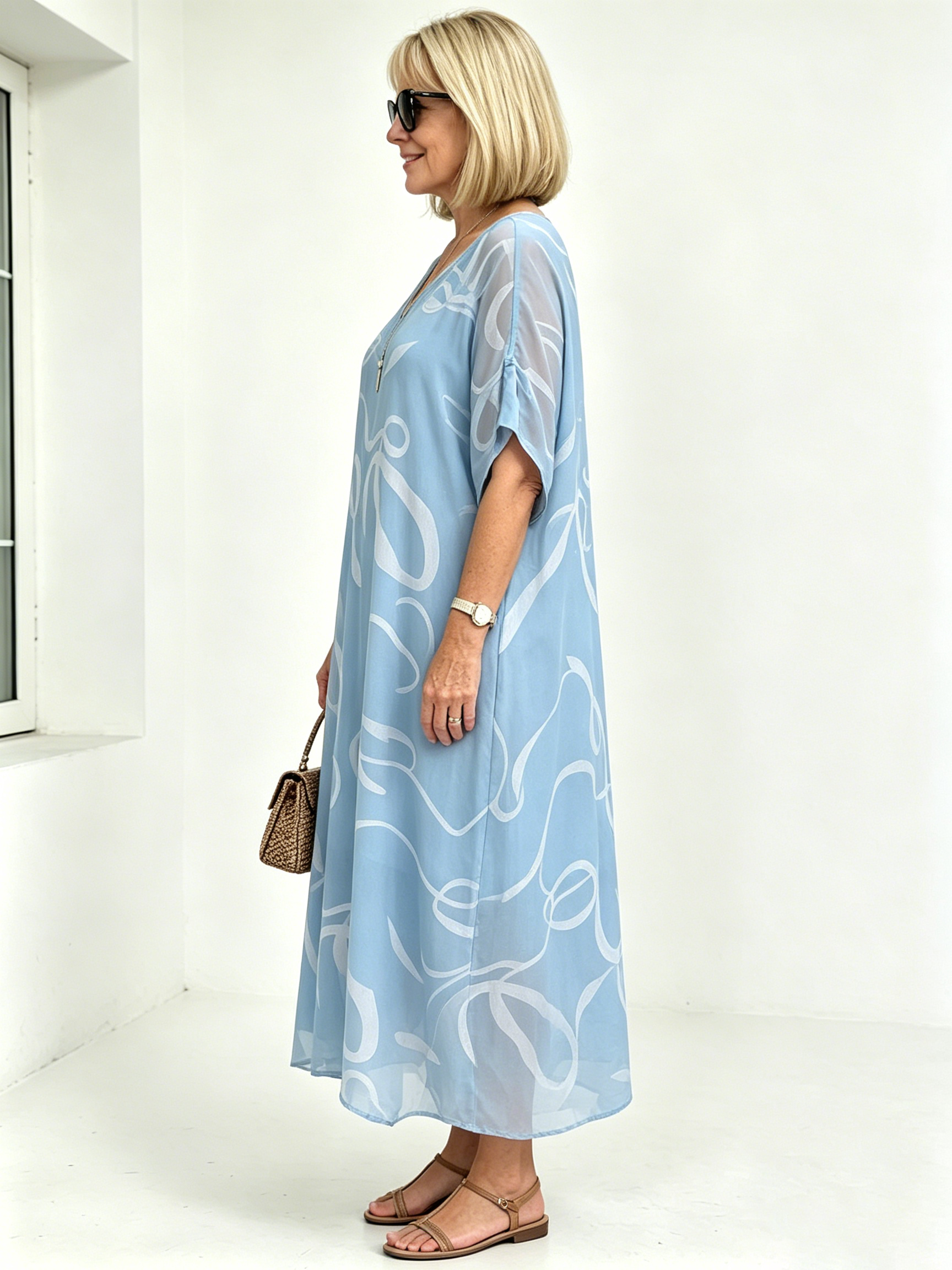 Black Abstract Print Chiffon Midi Dress, V-Neck Short Sleeve Loose Tummy Concealing Back Tie Vacation Dress for Mature Women
