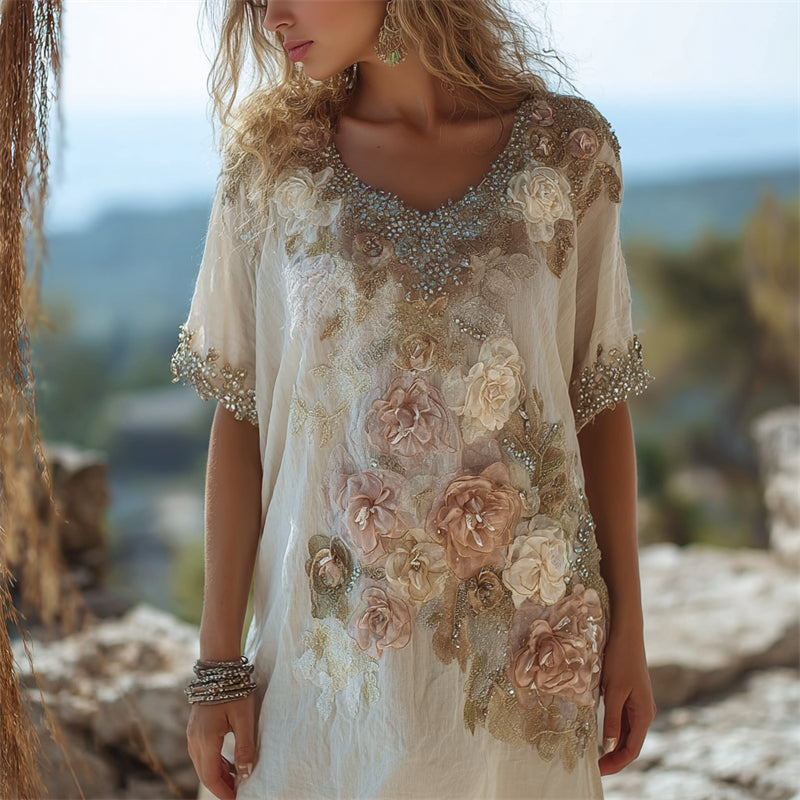 Boho Roses Glitter Fiber Art Flowy Linen Dress