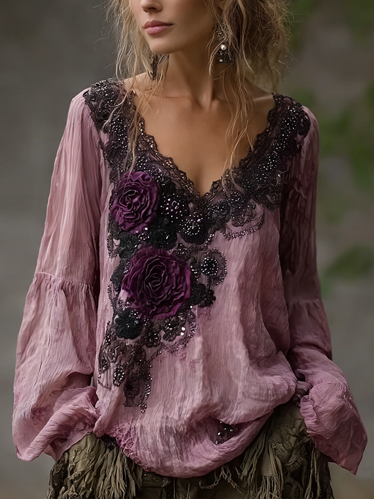 Vintage Purple Rose Design Summer V-neck Long-sleeved Linen Top