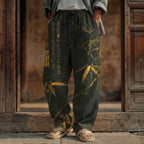 Men's Vintage Bamboo Calligraphy Art Print Linen Blend Pants