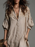 Striped Cotton Mini Dress With A High-low Hem And Lace Trim