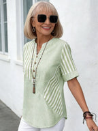 Women Blouse Casual Striped Short Sleeve Notched Regular Loose Shirt