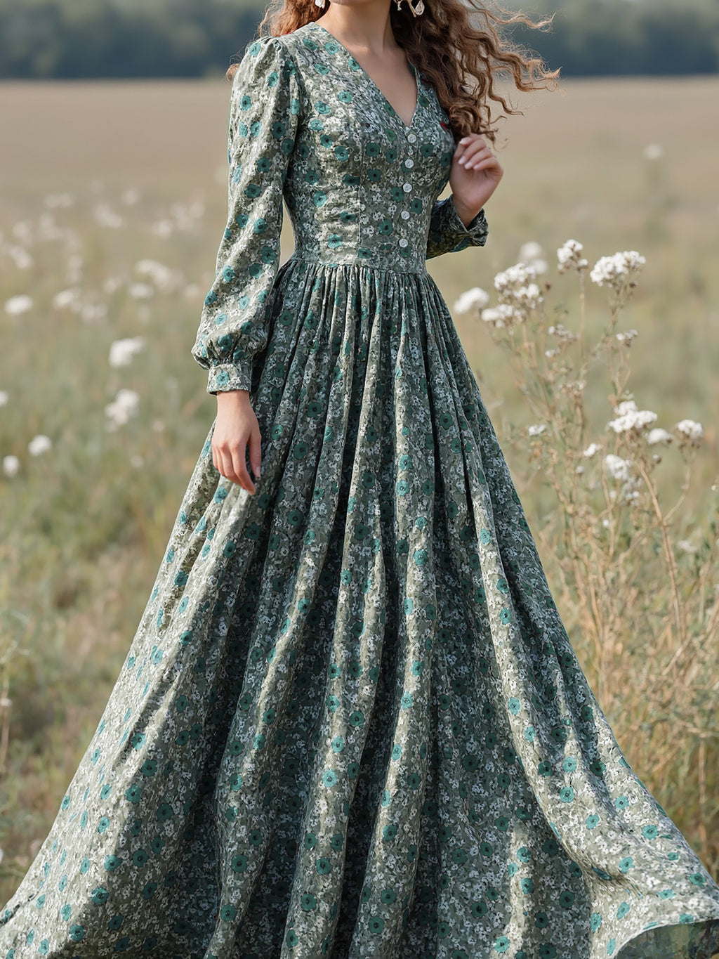 Maxi Linen Dress, Long Sleeves, V Neck, Floral, Button Design, Vintage, Green