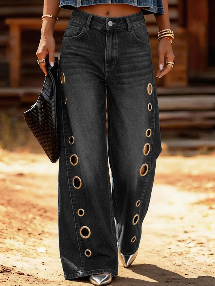 Women's High-waisted Casual Loose Wide-leg Jeans With Metal Cutout Design