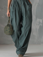 Casual Retro Green Denim Lapel Wide-Leg Jumpsuit