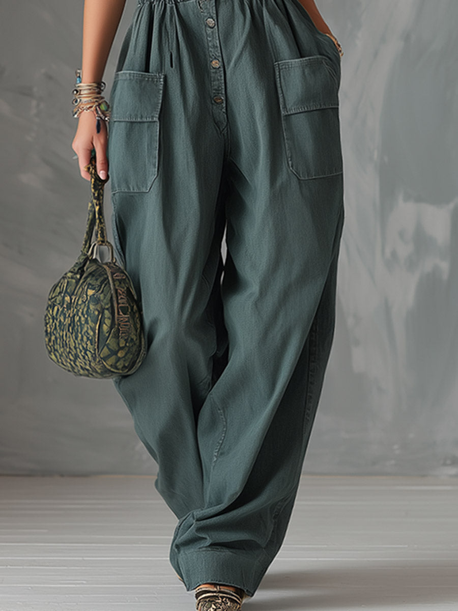 Casual Retro Green Denim Lapel Wide-Leg Jumpsuit
