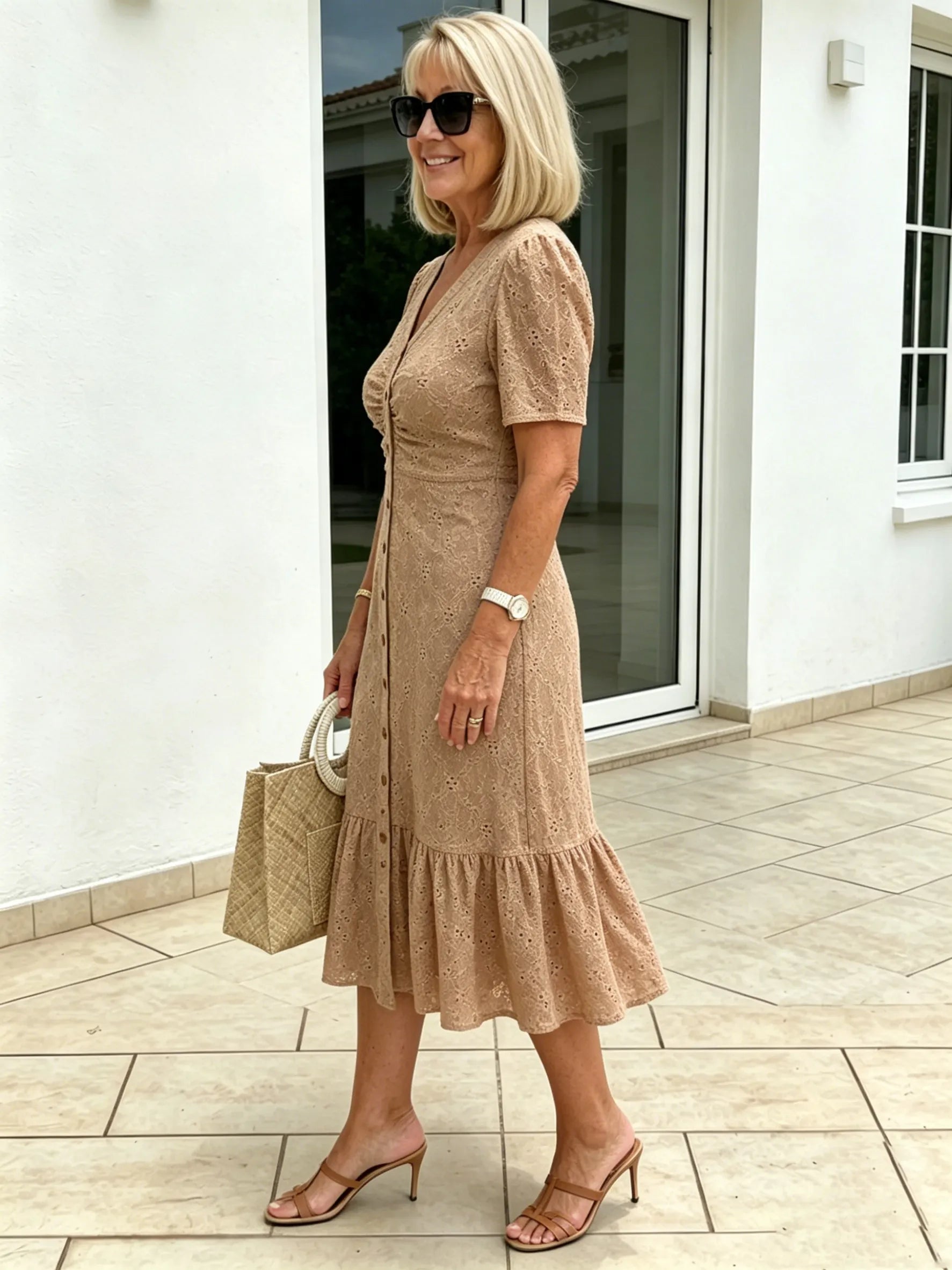 Textured Fabric Hollow Fabric Fashion Dress Short Sleeve Solid Color