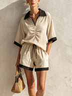 Beige Linen-Blend Contrast Trim Ruched Top & Drawstring Shorts Two-Piece Set