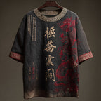 Retro Japanese Calligraphy And Dragon Art Pattern Casual Linen Blend T-shirt