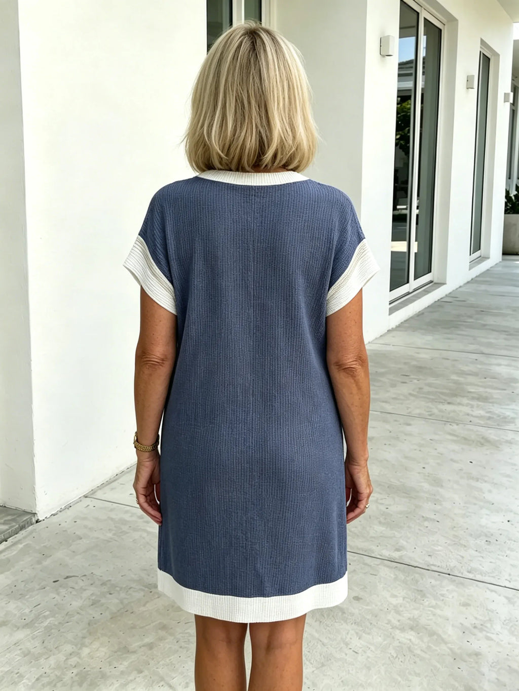 Textured Fabric Casual Contrast Twist Strip Short Sleeve Pocket Dress