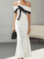 Stylish White Off-the-Shoulder Satin Dress with Black Trim