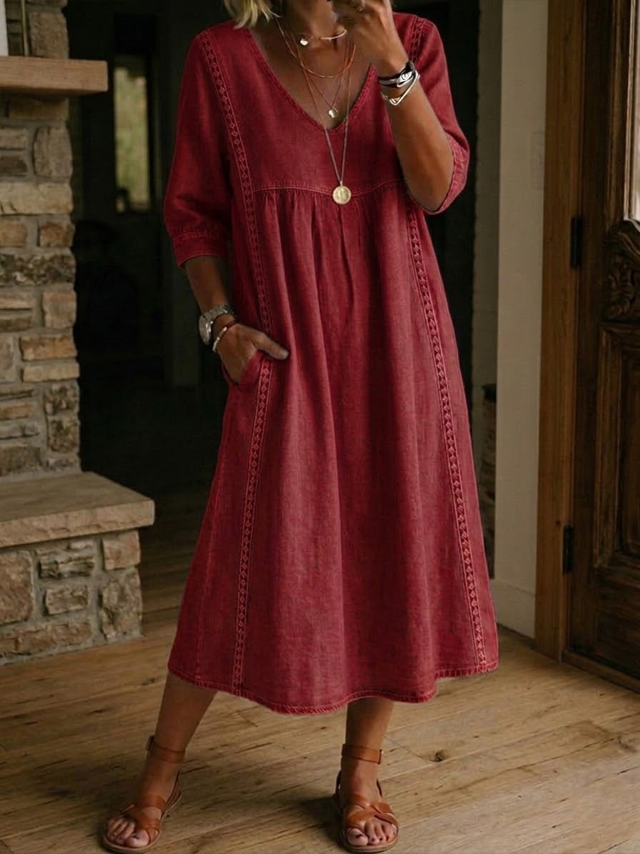 Casual Loose-fitting Patchwork Lace Trim Linen And Cotton Dress