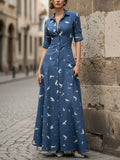 Maxi Linen Dress, Long Sleeves, Shawl Collar, Bird, Button Design, Vintage, Blue