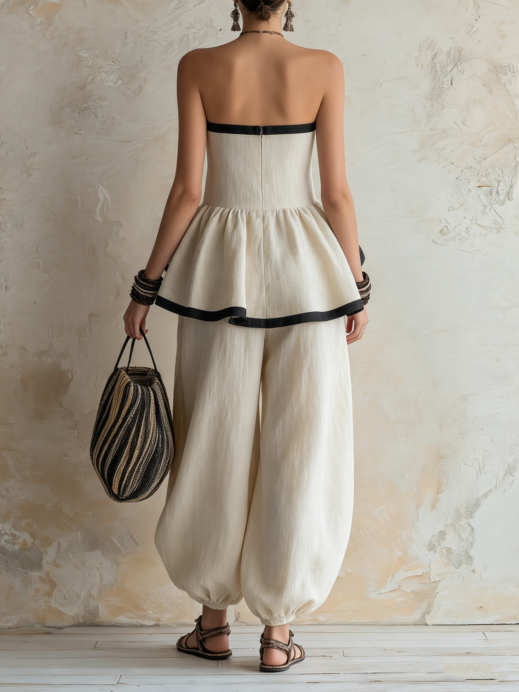 Strapless Ruffle Peplum Top & Harem Pants Set | Linen Boho Two-Piece Outfit