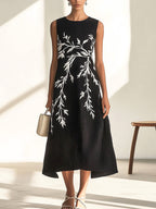 Stylish Black Linen Dress with Embroidered Details