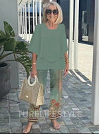 Casual Crew Neck Medium Sleeve Top Printed Floral Pants Set Two-piece Set