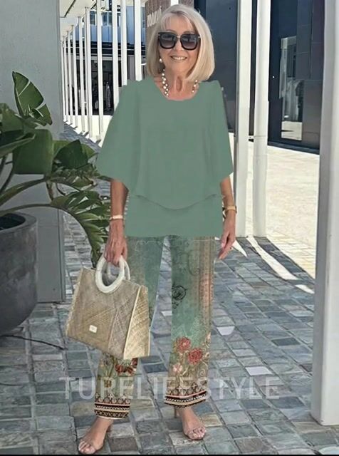Casual Crew Neck Medium Sleeve Top Printed Floral Pants Set Two-piece Set