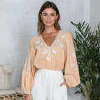 Women's Floral And Butterfly Pattern Linen V-neck T-shirt