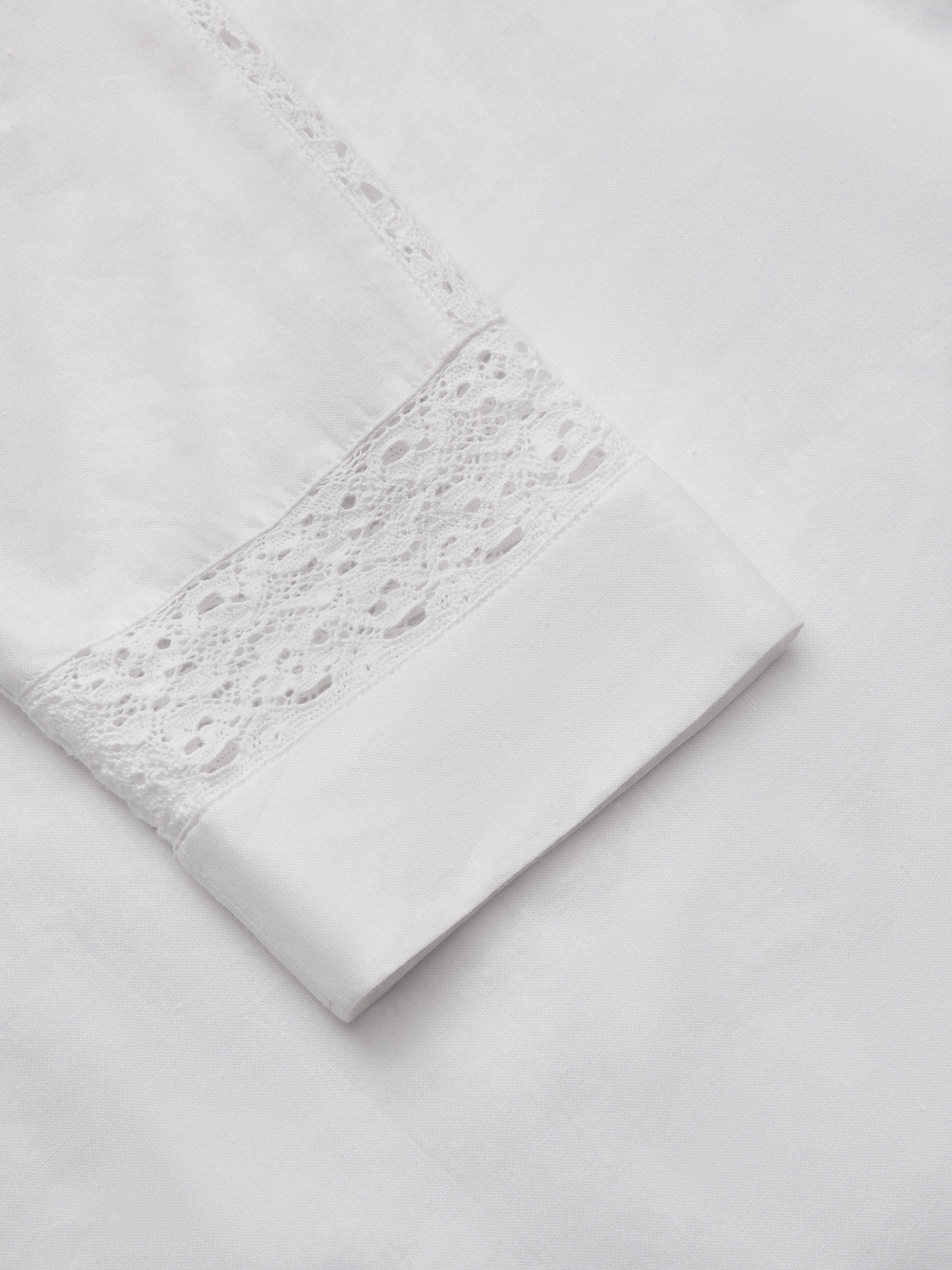 Midi Cotton Dress, Half Sleeve, Round Neck, Plain, Lace, Vacation, Vintage, White