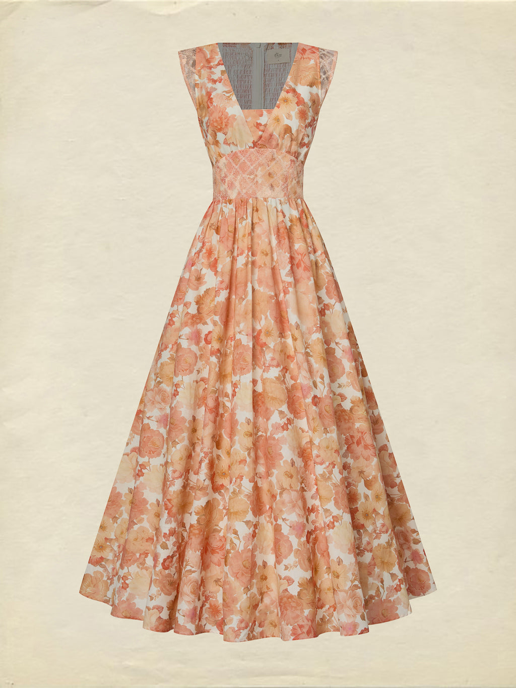 Maxi Linen Dress, Sleeveless, V Neck, Floral, Lace, Vacation, Vintage, Light Orange