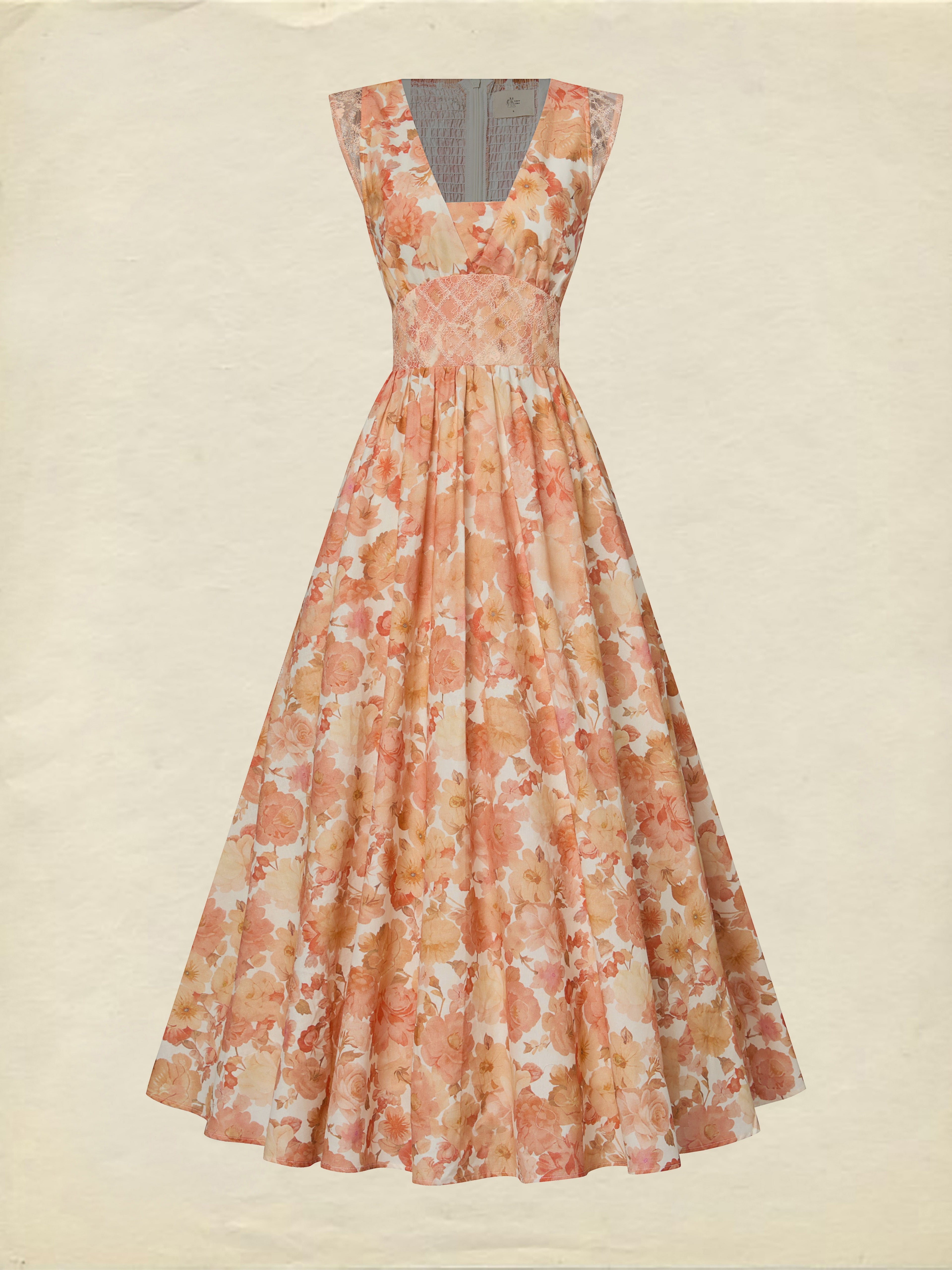 Maxi Linen Dress, Sleeveless, V Neck, Floral, Lace, Vacation, Vintage, Light Orange