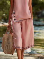 Casual Versatile Pink Cotton-Linen Crew-Neck Slits Top And Cropped Pants Set