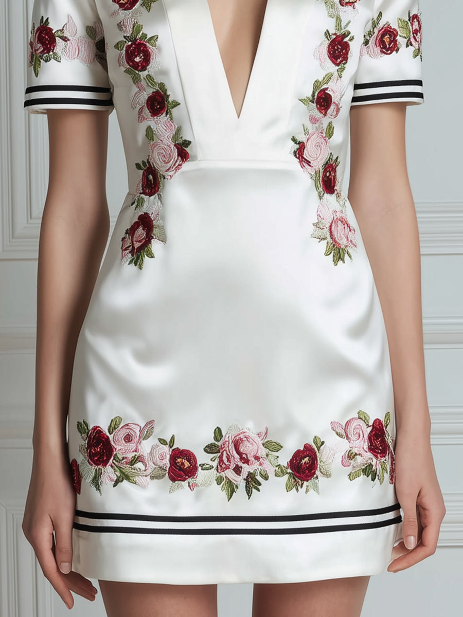 Deep V-Neck Floral Embroidered Contrast Trim Mini Dress
