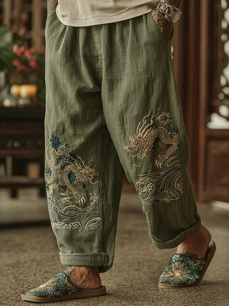 Men's Japanese Bamboo Art Flowy Wide Leg Linen Pants