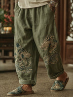 Men's Japanese Bamboo Art Flowy Wide Leg Linen Pants