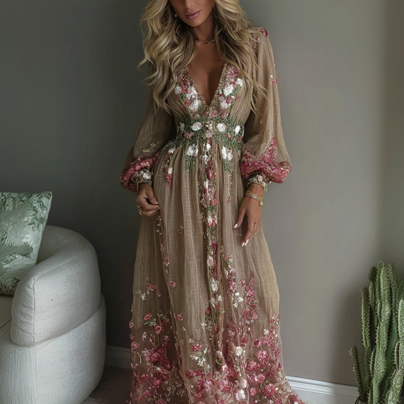 Women's Floral Embroidered Linen Blend Long-sleeved Dress