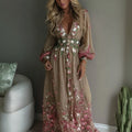 Women's Floral Embroidered Linen Blend Long-sleeved Dress
