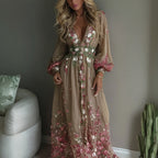 Women's Floral Embroidered Linen Blend Long-sleeved Dress