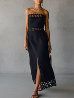 Black Off Shoulder Cotton Linen Midi Dress With Hollow Lace Trim