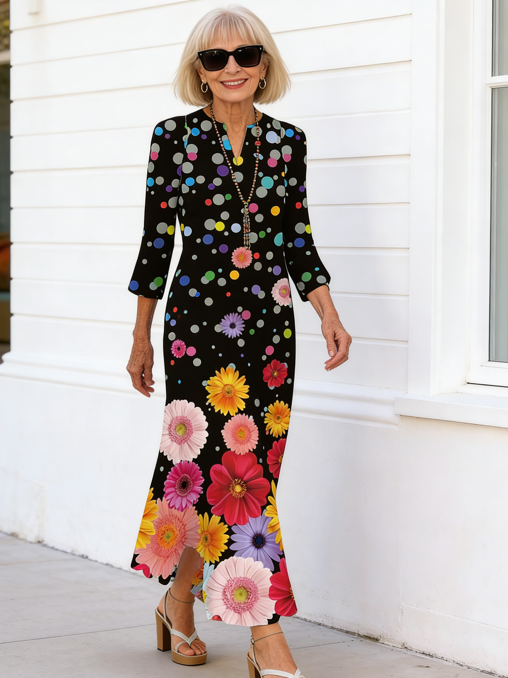 Butterfly Print Long-sleeved Dress Pocket Temperament Round Neck Suspender A-shaped Long Dress