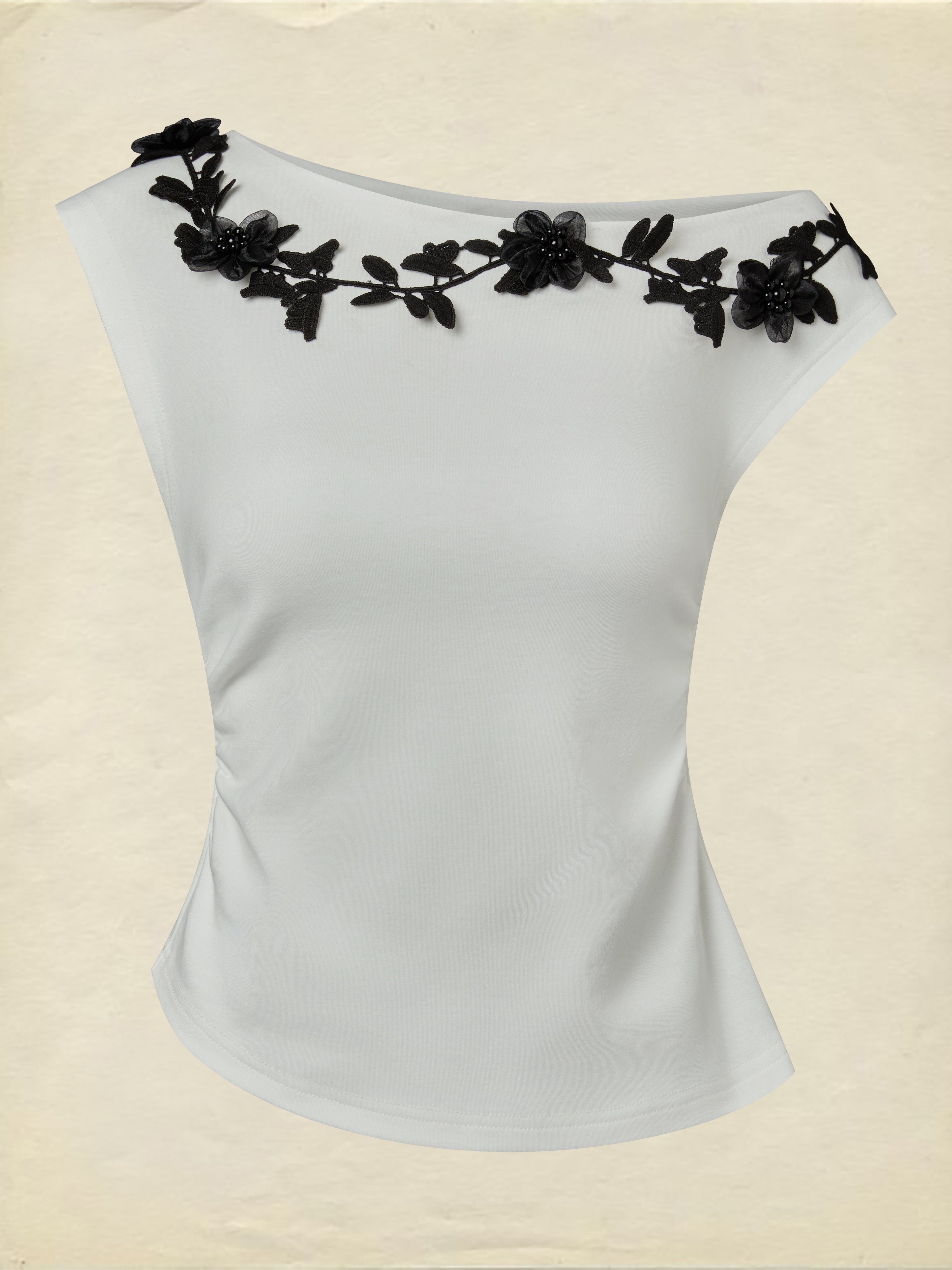 Cotton Knit Tee, Short Sleeves, Plain, 3D Floral, French Vintage, Ivory