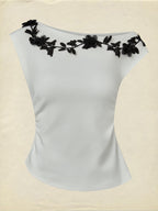 Cotton Knit Tee, Short Sleeves, Plain, 3D Floral, French Vintage, Ivory
