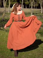 Maxi Cotton Dress, Long Sleeves, Square Neck,  Princess Line, Linen Blend, Orange