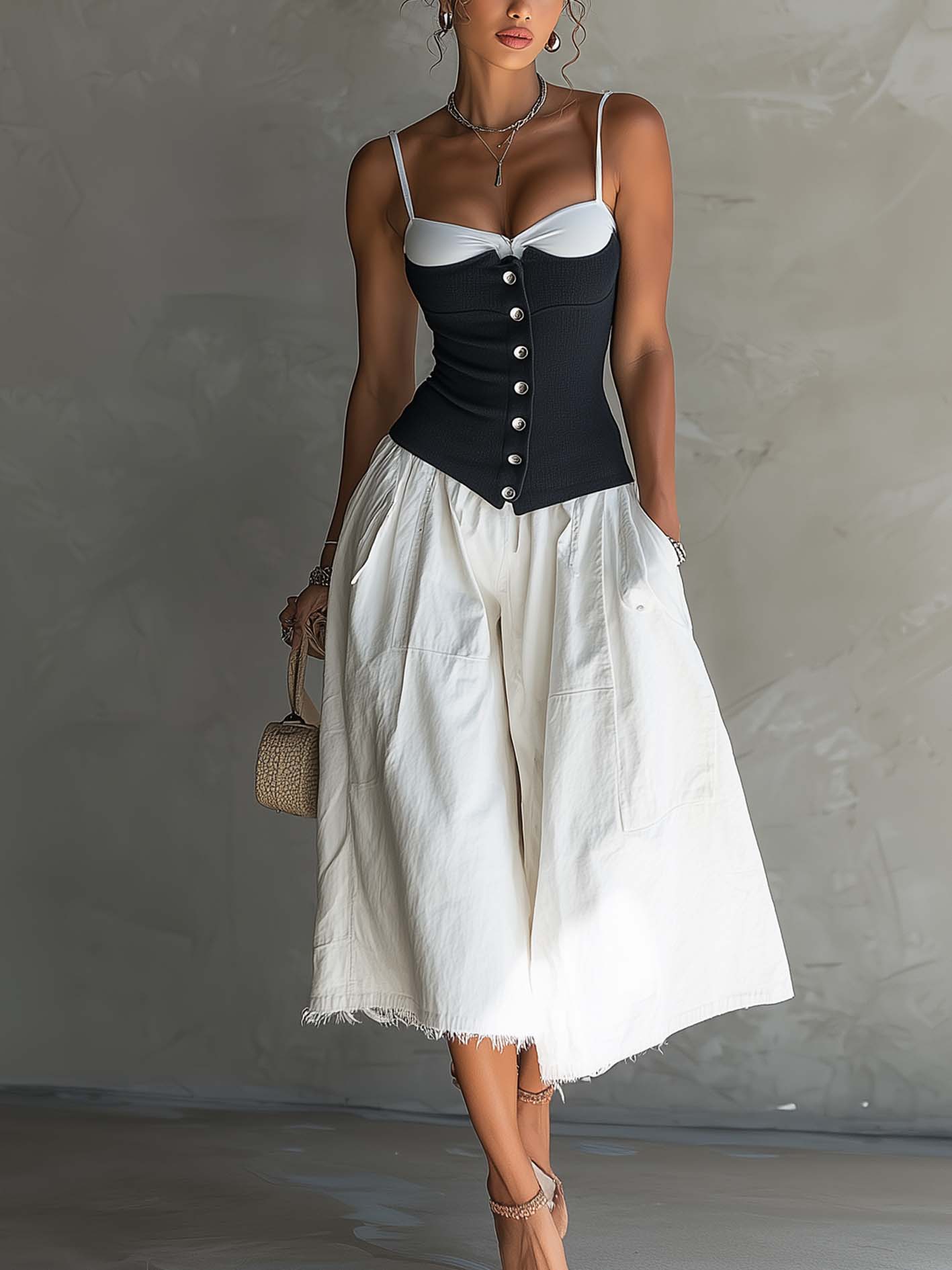 Colorblock Cami Top And White Denim Midi Skirt Set