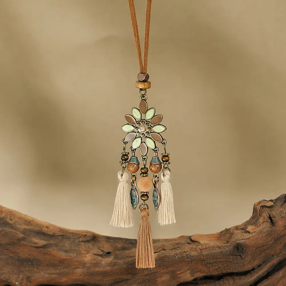 3pcs Boho Ethnic Long Sundry Colors Tassel Pendant Necklaces For Women Retro Rhinestone Drip Oil Alloy Necklace