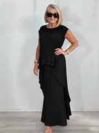 2Pcs Crew Neck Solid Color Sleeve Top Pleated Straight Pants Set Two-piece Set